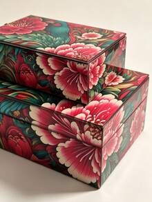 Set Of 2 Large Capacity Chinese Style Printed Glass Jewelry Box, Black Velvet Lined Rectangular Vintage Decorative Accessory Storage Organizer For Bedroom Vanity Wedding Holiday Gift - Royal Peacock & Peony Brocade - View 4