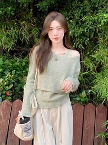 YCYC Long Sleeve Cropped Milk-Tone Unique Chic Sweater & Knit Top 2 Pieces Set - Grey - View 1