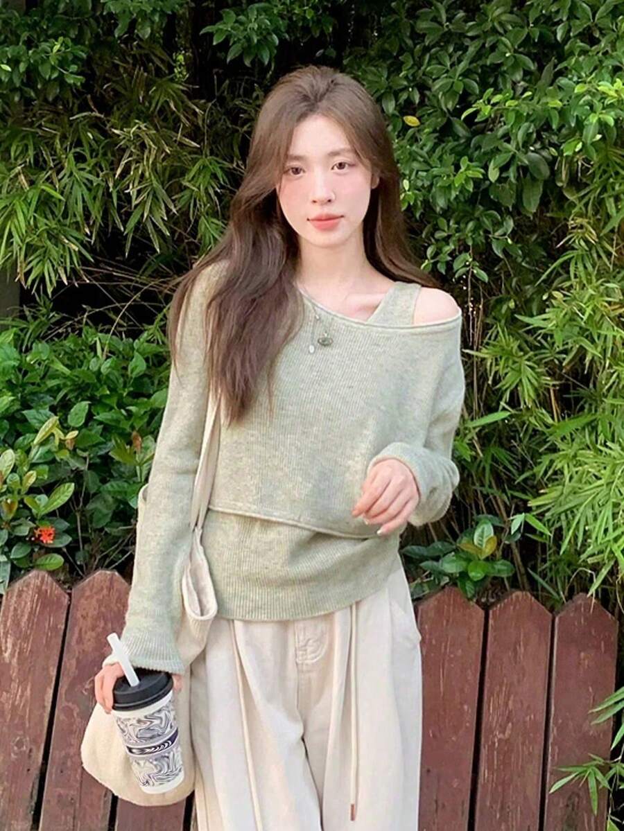 YCYC Long Sleeve Cropped Milk-Tone Unique Chic Sweater & Knit Top 2 Pieces Set - Grey - View 1