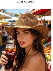 Women's Bohemian Straw Cowboy Hat, Wide Brim Woven Sun Hat, Adjustable Chin Strap Beach Hat, Suitable For Vacation, Resort, Festival And Daily Wear - Multicolor - View 3