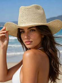 Women's Bohemian Straw Cowboy Hat, Wide Brim Woven Sun Hat, Adjustable Chin Strap Beach Hat, Suitable For Vacation, Resort, Festival And Daily Wear - Multicolor - View 6