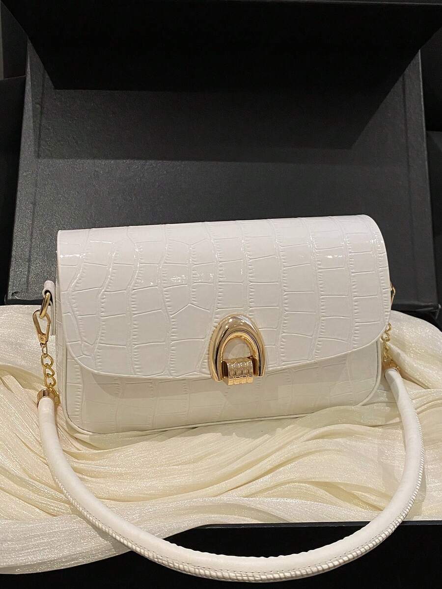 Borsa baguette in PU lucido con stampa coccodrillo, chiusura a torsione in metallo, catena a spalla/crossbody - Bianco - Visualizzare 1