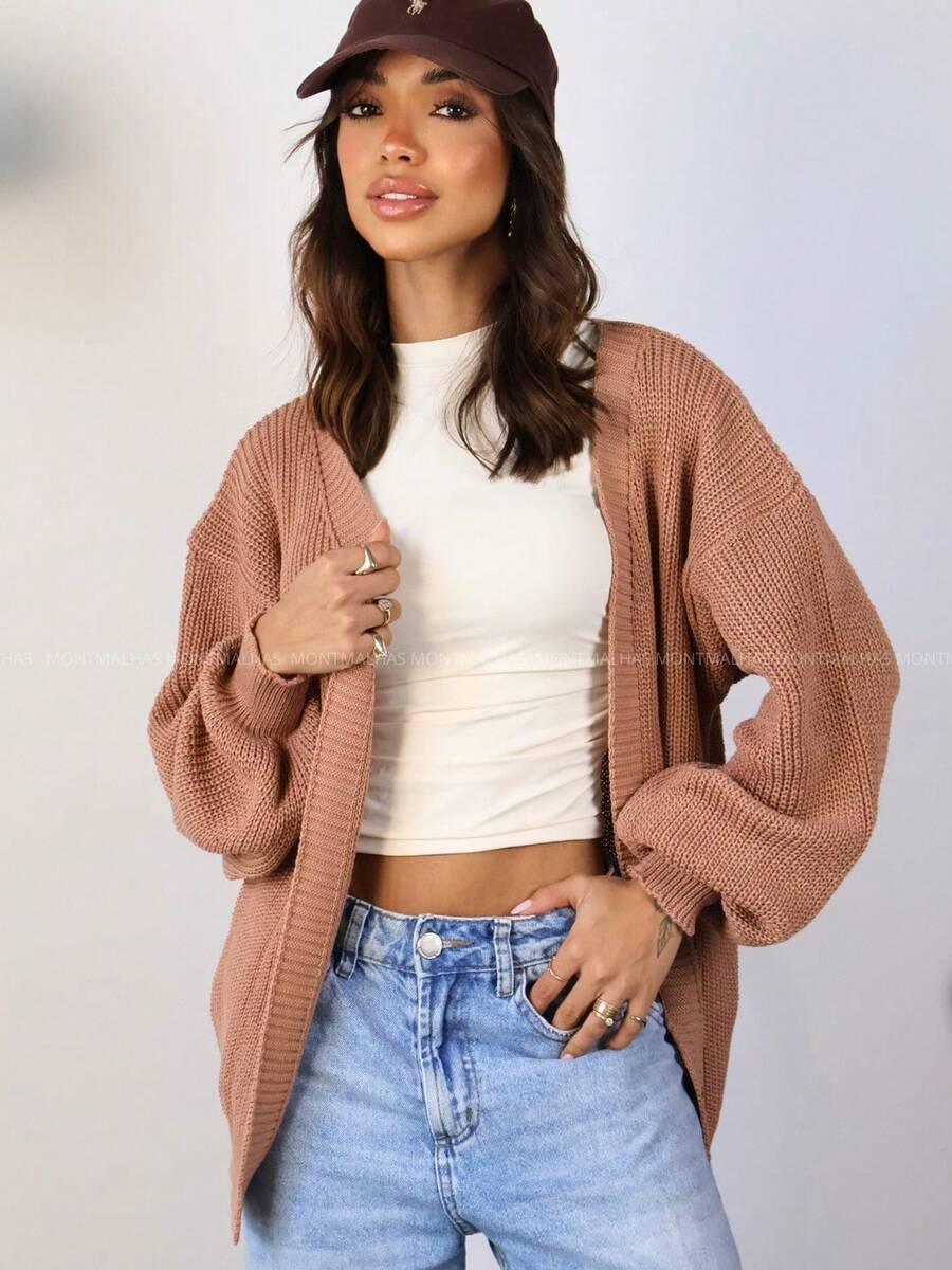 Women's Knitted Cardigan Coat Puff Sleeve Elegant Casual Nude - 新米色 - 查看 1