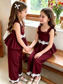 2pcs/Set Girls Casual Hollow Flower Lace + 3D Bow Camisole Top & Flower Lace Long Pants Outdoor Set Spring/Summer - Multicolor - View 2