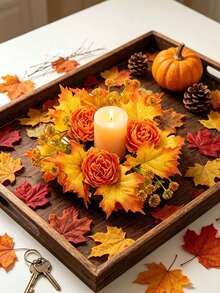 51pcs/Set Halloween/Autumn Maple Leaf Candle Ring Decor. Artificial Maple Leaf Set, Candle Wreath, Autumn Tabletop Decoration, Halloween And Thanksgiving Centerpiece, Harvest Festival Party Styling, DIY Autumn Wedding Tabletop Decor. - A - View 3
