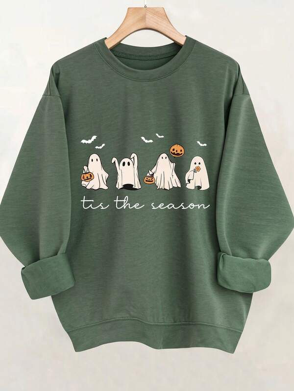 Halloween Print Crew Neck Sweatshirt, Plus Size Women's Casual Autumn/Winter Long Sleeve Sweatshirt, Suitable For Winter Holiday Outfits, Beach Outfits, Vacation Outfits, Autumn Outfits, Halloween Outfits, Thanksgiving Outfits, Christmas Outfits, New Year Outfits. Suitable For Daily Wear, Going Out Tops, Outings, Holidays, Beach, Parties, Birthdays, Beach, Balls, School, Graduation, Luxury, Vacation, Commuting, Fitness, Weddings, New Year, Fashionable, Winter Tops, Women's Autumn Outfits, Women's Holiday Clothing