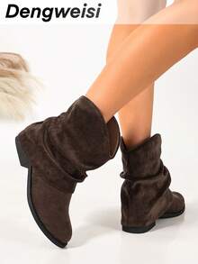 Dark Brown Chunky Heel Low Heel Round Toe Slip-On Comfortable Versatile Punk European American Office Commute Daily Vacation Street Fashion Women's Boots - Coffee Brown - View 3