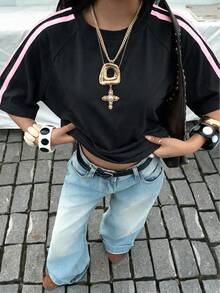 1件青少年女孩休閒拼接配色短袖T恤，春夏秋返校季適用 - 黑色 - 查看 1