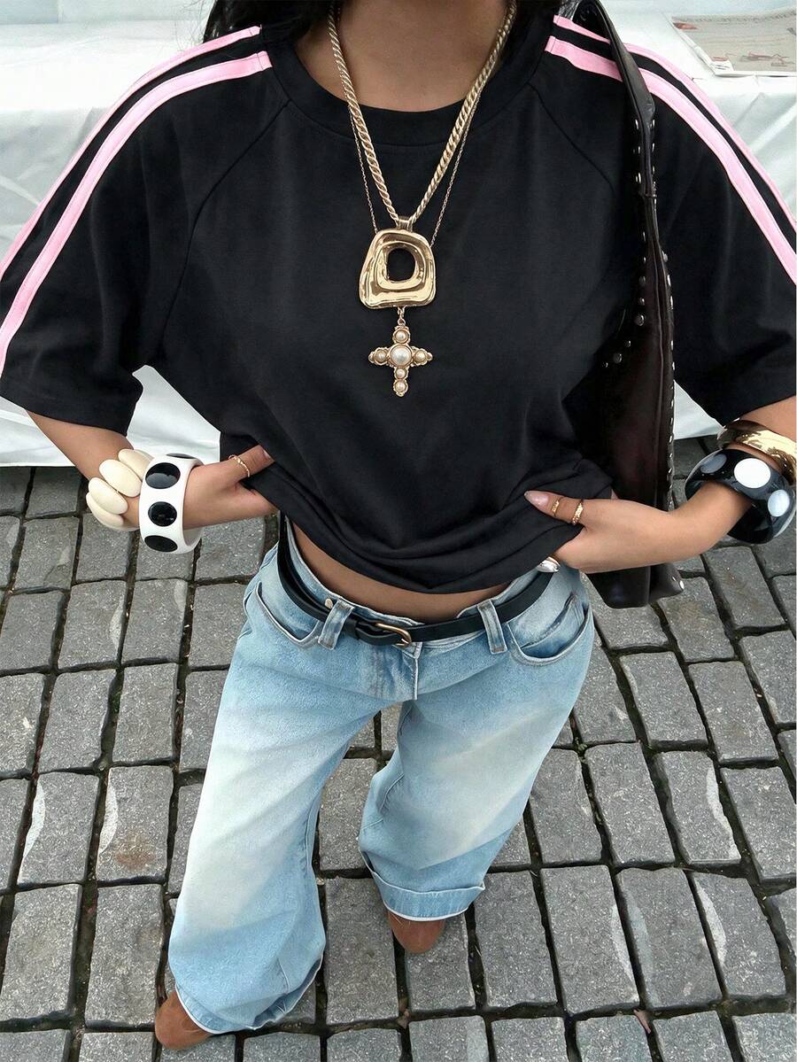 1件青少年女孩休閒拼接配色短袖T恤,春夏秋返校季適用 - 黑色 - 查看 1