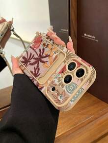 1pc Card Holder Lanyard Coconut Tree Painted Pattern PU Leather Classic Anti-Drop Soft Card Slot Short Lanyard Phone Case Compatible With Apple 17Pro/17/Air/17Promax/11/12/13/14/16 Pro Max/16 Pro/15 Series Lens Protection, Holiday Gift - Multicolor - View 2