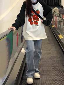 Women's Loose Fit Fashionable Versatile Letter & Tomato Print Raglan Contrast Color Long Sleeve T-Shirt Casual - Black and White - View 5