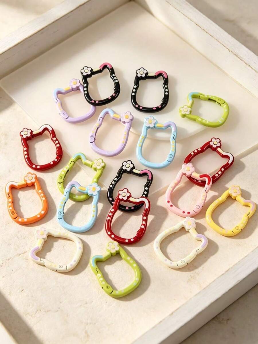 12/34pcs Random Color Mixed Heart, Flower, Donut, Cat And More Styles Painted Candy Color Spring Clasp Open Ring Keychain Pendant, Suitable For DIY Handmade Decoration Crafts, Bag Hook - Random Color Mixing - View 1