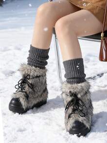 Women's Platform Snow Boots Lace Up Faux Fur High Top Boots Retro Winter Warm Chunky Sole Mid Calf Boots - Grey - View 3