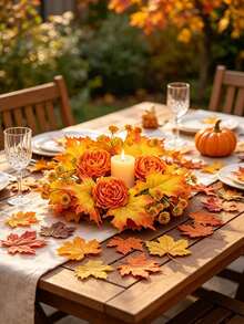 51pcs/Set Halloween/Autumn Maple Leaf Candle Ring Decor. Artificial Maple Leaf Set, Candle Wreath, Autumn Tabletop Decoration, Halloween And Thanksgiving Centerpiece, Harvest Festival Party Styling, DIY Autumn Wedding Tabletop Decor. - A - View 5