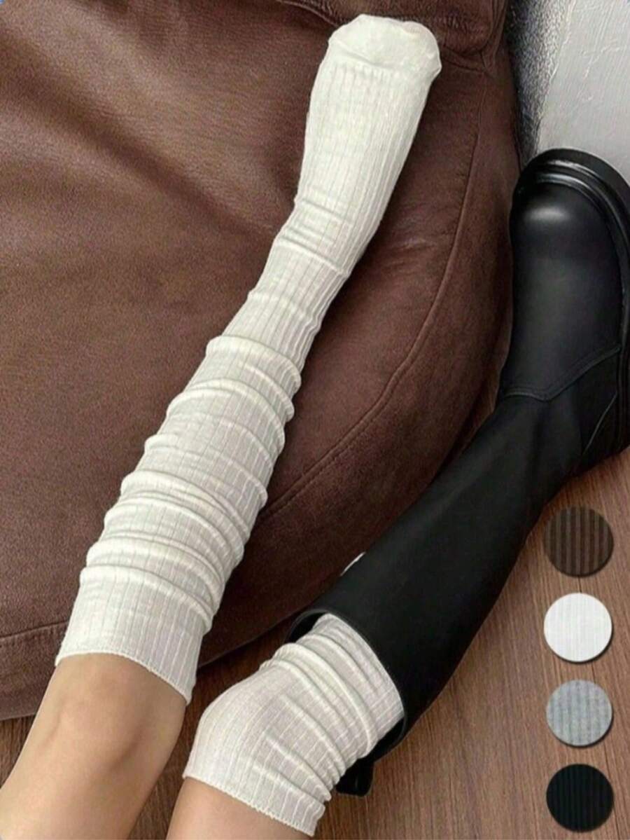 زوج واحد من الجوارب الطويلة فوق الركبة بخطوط عمودية فضفاضة، جوارب طويلة بخياطة مزدوجة، جوارب مطابقة للأحذية الطويلة، جوارب زخرفية تطيل الساق، أسلوب فتاة JK، مناسبة للارتداء اليومي، أسلوب Y2K، مريحة ودافئة - متعدد الألوان - مشاهدة 1