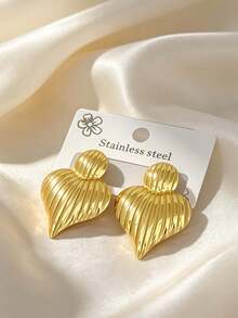 Vintage Stainless Steel Stud Earrings, Butterfly, Heart, Leaf, Shell Geometric Shapes, Hypoallergenic Non-Fading French Minimalist Women's Heavy-Duty Accessories - Gold - View 5