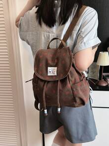 韓系大容量草莓圖案翻蓋後背包，小眾極簡藝術風抽繩翻蓋背包，經典度假旅行通勤上班適用包 - 棕色 - 查看 3