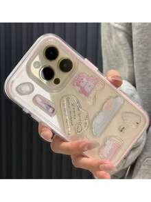 DIY Cute Fun Snowman Tree Illustration Transparent Phone Case, Compatible With IPhone 17 Air 16 ProMax 15 14 13 12 11 Pro Max, Clear Cute Shockproof Protective Case (DIY Phone Case Stickers Can Be Customized) - Pink + Sticker - View 3