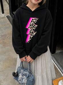 1 st hoodie för tween-flickor med leopardmönster, blixtgrafik och kontrasterande färger, svart och rosa, söt cool stil, 3D-blixtmönster, lös passform, sweatshirt med huva - Svart - Visa 2