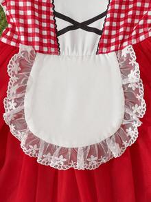 Baby Girl Bow Decor Hooded Cape And Plaid Dress Set - Red - View 9