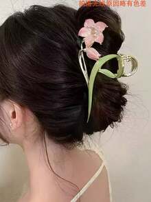 3件/1件馬卡龍色百合金屬髮夾，優雅綠葉髮抓，甜美花卉髮髻飾品，適合女性 - 彩色 - 查看 12