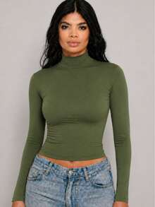 Moderna & Slim Women's Long Sleeve Turtleneck Basic Second Skin Fitted Comfortable Winter Blouse - 軍綠色 - 查看 3