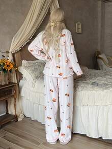 2pcs/Set Women's Winter Striped Puppy Pattern Plush Thickened Thermal Lined Lapel Long Sleeve Top And Long Pants Pajama Set - Pink - View 2
