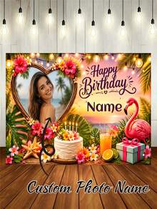 Customizable Photo & Name Summer Sunset Hawaii Theme Happy Birthday Backdrop, Pink Flamingo, Coconut Tree, Flower, Gift Box, Juice Design. Perfect For Hawaii Theme Birthday Party, Gift For Friends And Baby Shower Party. Suitable For Indoor And Outdoor Use. Vinyl Material - E - View 1