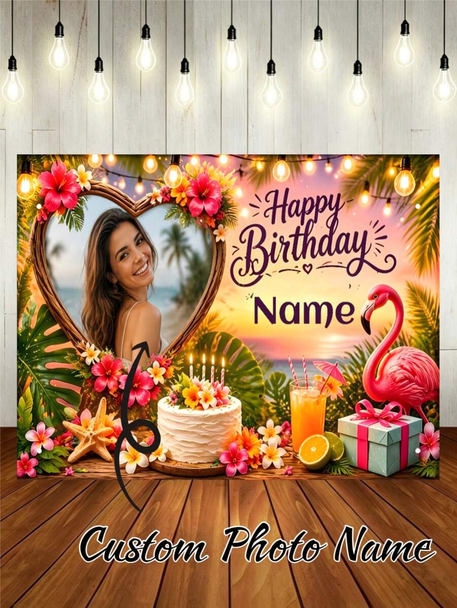 Customizable Photo & Name Summer Sunset Hawaii Theme Happy Birthday Backdrop, Pink Flamingo, Coconut Tree, Flower, Gift Box, Juice Design. Perfect For Hawaii Theme Birthday Party, Gift For Friends And Baby Shower Party. Suitable For Indoor And Outdoor Use. Vinyl Material - E - View 1