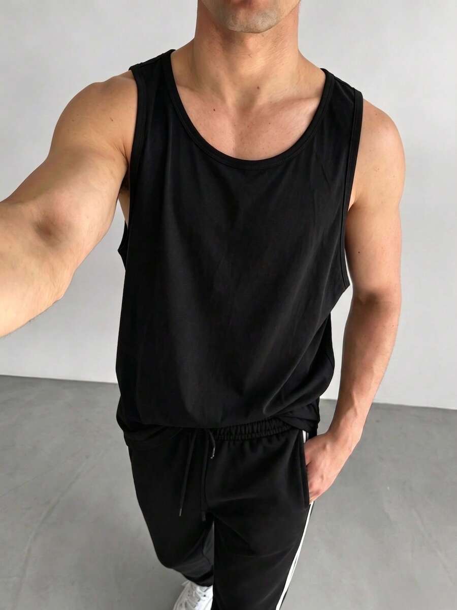 ZYNTH BALENO 男士夏季時尚純色寬鬆圓領背心,夏季運動必備,黑色 - 黑色 - 查看 1