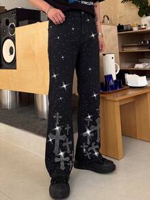 1pc Elastic Slim Fit Denim Jeans With Multi-Craft Rhinestone Design, Fashion Street Style, Suitable For All Seasons - Black - View 5