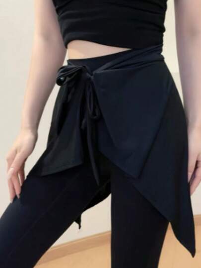Solid Tie Wrap Asymmetric Tennis Skort Hip Cover Women Running Yoga Athletic Workout Mini Skirt Adjustable Yoga Fitness Sports Skirt For Running, Cycling, Anti-Exposure