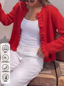 Romantic Pink Round Neck Knit Cardigan 3D Rose Fasteners Ruffle Edge Long Sleeve For Fall Holiday Brunch City Strolls - Red - View 1