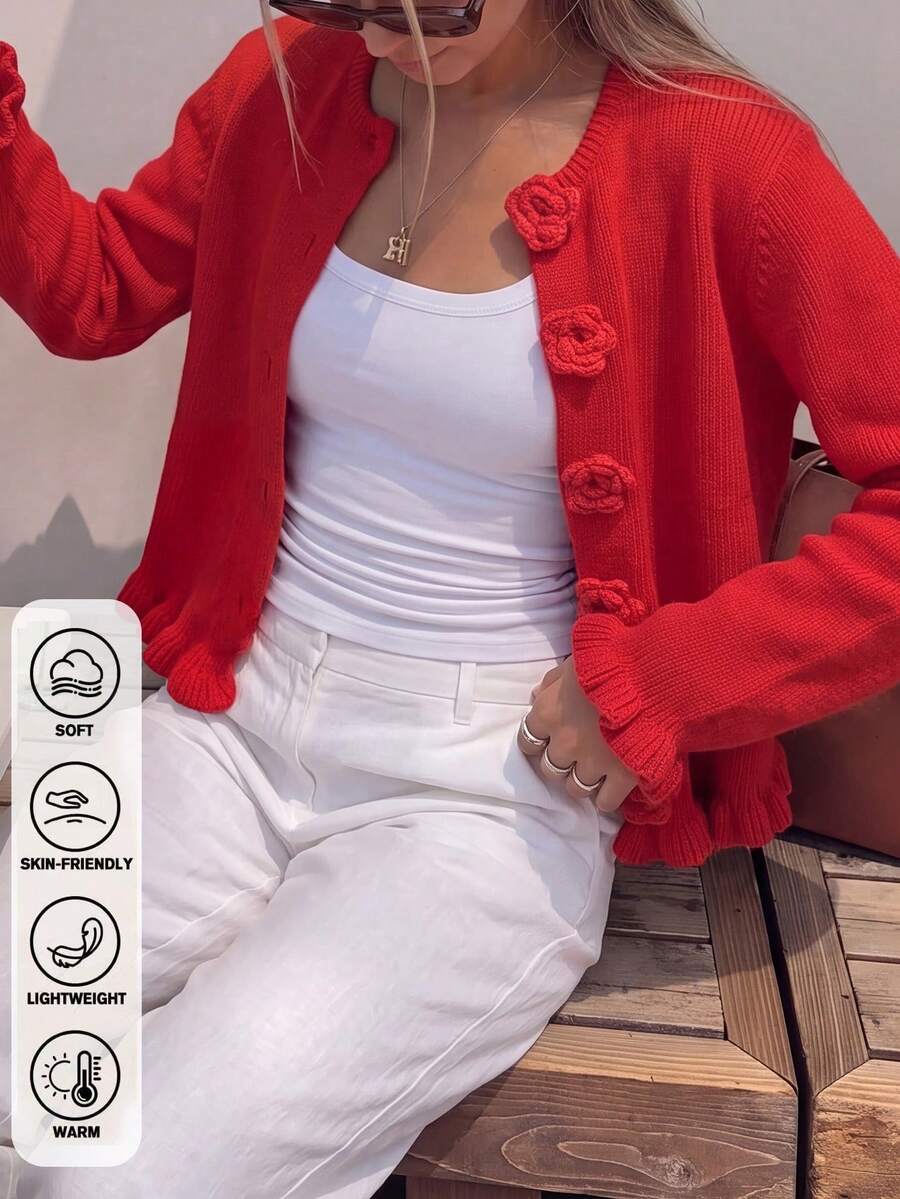 Romantic Pink Round Neck Knit Cardigan 3D Rose Fasteners Ruffle Edge Long Sleeve For Fall Holiday Brunch City Strolls - Red - View 1