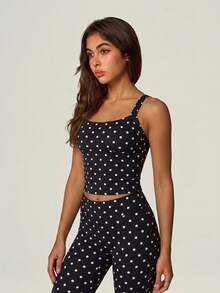 UONNOU 2Pcs Polka Dot Square Neck Cross Back Cami & Cross Waist Flare Pants Active Matching Set - Black - View 4