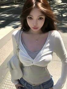 Autumn New 2 In 1 Twist Design Striped Long Sleeve T-Shirt Contrast Color Knit Top White - White - View 4