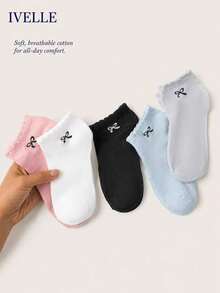 5 Pairs Random Women's Bow Embroidery Ruffle Ankle Socks, Cute Lettuce Trim Soft Breathable Low Cut Casual Socks - Multicolor - View 2
