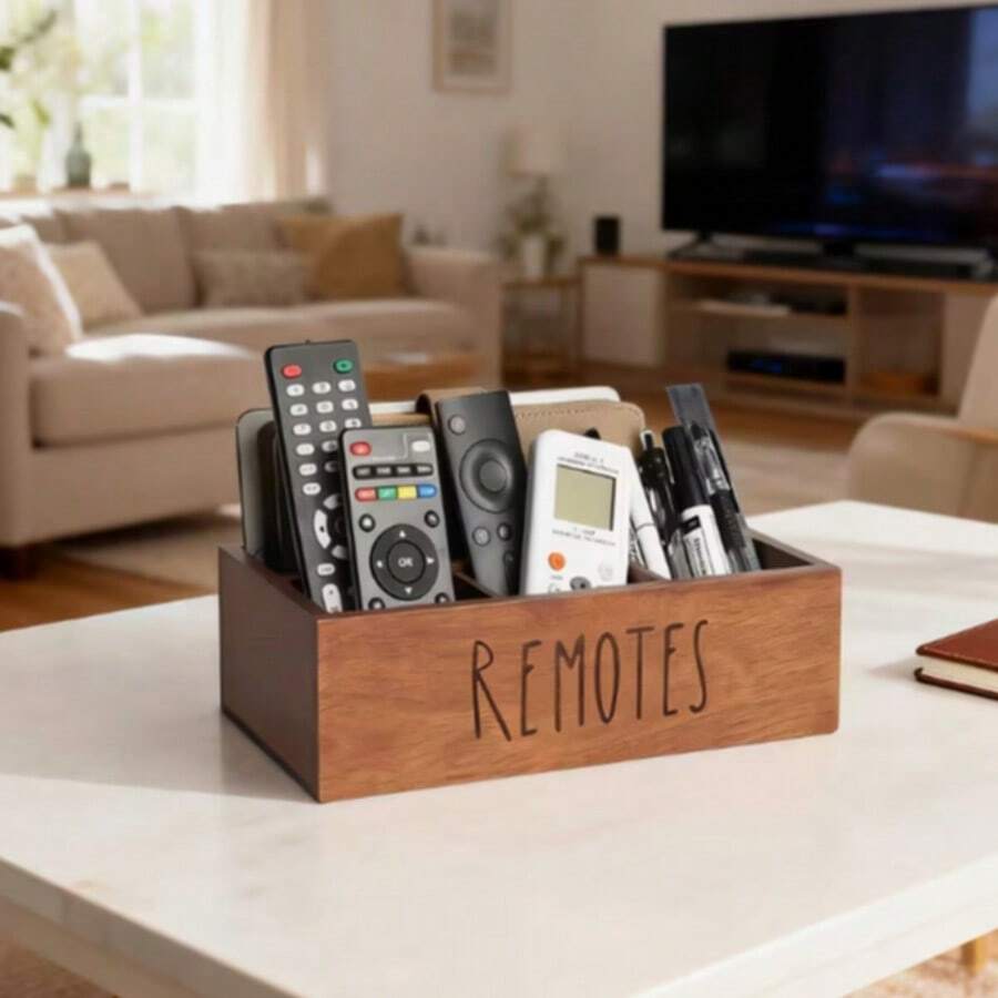 1pc Acacia Wood Remote Control Holder, Remote Control Stand, Wooden Desktop Organizer With 3 Compartments, Multi-Functional Storage Box, Suitable For Living Room, Kitchen, Bedroom, Office, Desk, Drawer Organizer, Home Storage - Multicolor - View 1