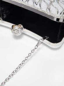 Women's Elegant/Pearl Pattern Design Box Clutch Evening Bag, Romantic Wedding Handbag, Charming/Exquisite Evening Gown Bag, Shiny White Box Clutch With Chain, Perfect Holiday Gift Choice. Comes With Metal Chain. - Silver - View 7