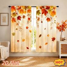 2pcs Autumn Leaf Falling Curtains, Home Decor, Orange-Red Maple Leaf Branch Pattern, Natural Landscape Style, Seasonal Window Decor, Suitable For Living Room, Bedroom, Kitchen Decoration - Multicolor - View 6