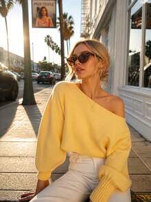 Pale Yellow Cold Shoulder Loose Soft Knit Sweater For Women, French Gentle Sexy Style, Early Autumn Date, Store Visit, Daily Street Wear - Yellow - View 4