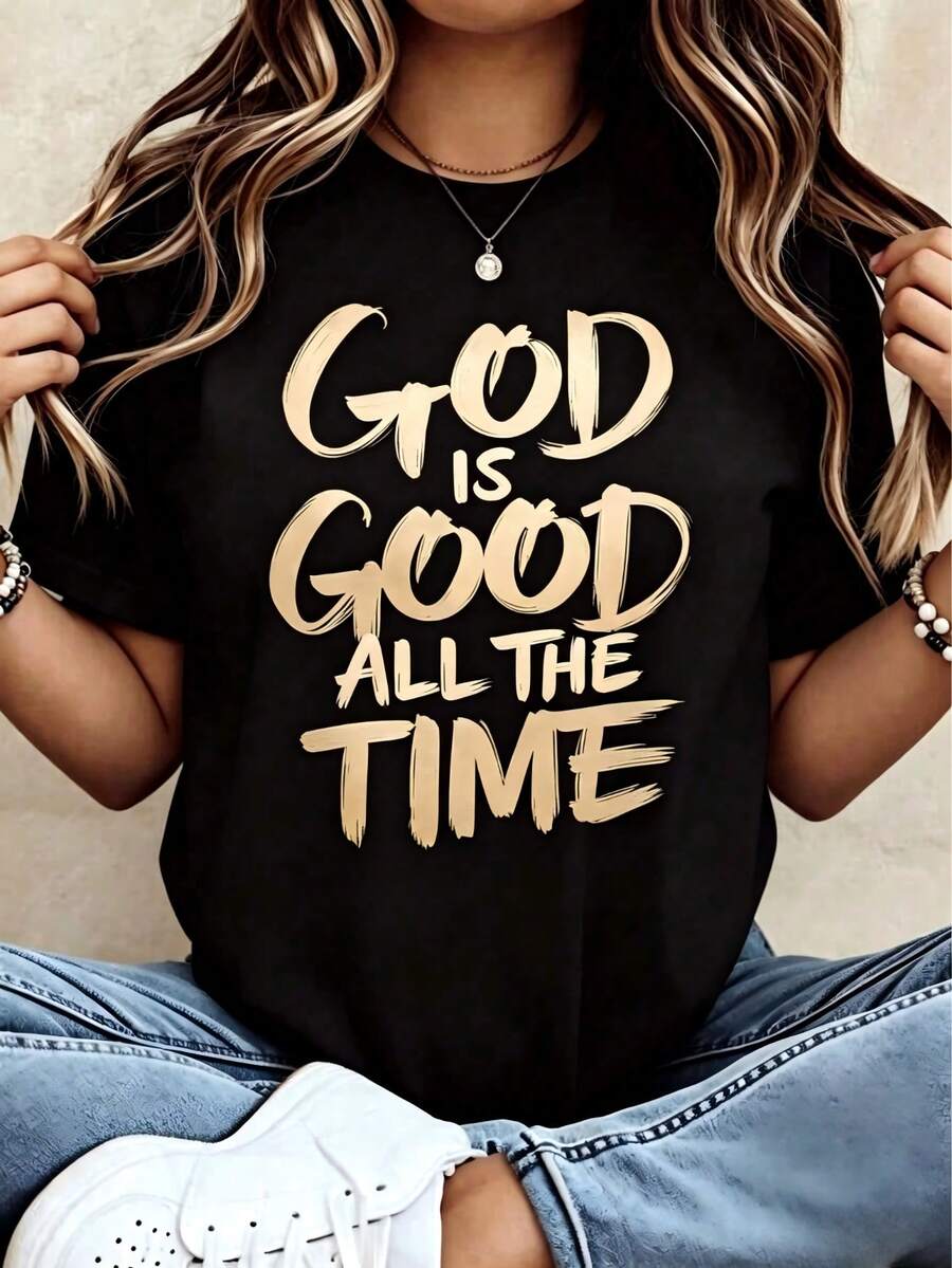 Loose Design/Plus Size"God Is Always Good"Christianity T Shirt Women's Religious Belief Statement Pattern T Shirt Casual Summer Tops - 黑色 1 - 查看 1
