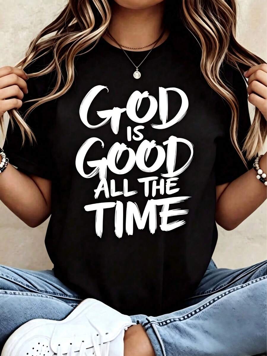 Loose Design/Plus Size"God Is Always Good"Christianity T Shirt Women's Religious Belief Statement Pattern T Shirt Casual Summer Tops - 黑色 2 - 查看 1