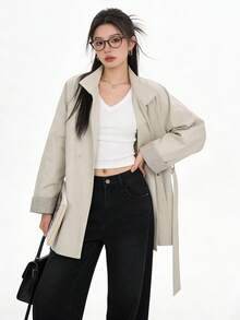 Korean Style Elegant 2026 Early Autumn New Vintage Mid-Length Leather Jacket Button-Up Top For College Office Daily Wear Spring Autumn - Apricot - View 2