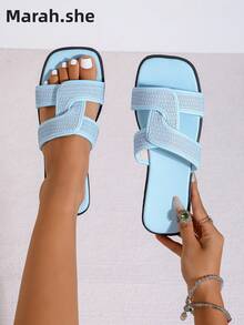 PWIIMG Women's Summer Casual Fashion Blue Flat Sandals, Elegant Square Toe Slip-On Flat Sandals For Outdoor Commute, Home, Family Party, Beach Wear, Water-Friendly, Solid Color, Beach Vacation, Elegant Casual Commute Buckle Outdoor - Baby Blue - View 7