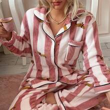 2pcs/Set Women's Winter Striped Dachshund Pattern Plush Thickened Thermal Lined Long Sleeve Top And Long Pants Pajama Set - Pink - View 7