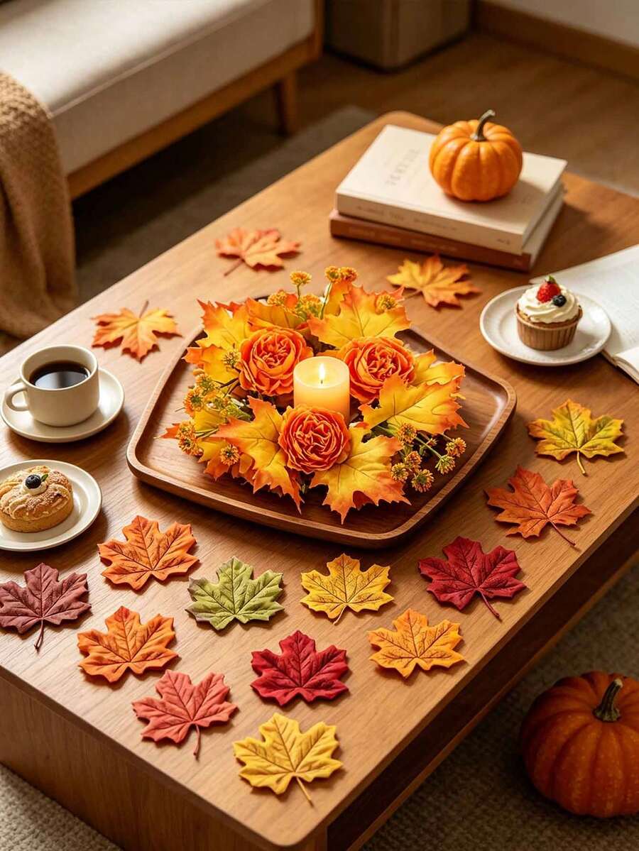 51pcs/Set Halloween/Autumn Maple Leaf Candle Ring Decor. Artificial Maple Leaf Set, Candle Wreath, Autumn Tabletop Decoration, Halloween And Thanksgiving Centerpiece, Harvest Festival Party Styling, DIY Autumn Wedding Tabletop Decor. - A - View 1