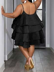 2026 Plus Size Women's Solid Color Multi-Tier Sleeveless Spaghetti Strap Puffy Satin Mini Dress, Women's Plus Size Formal Dress, Holiday Vibe Outfit, Spring/Summer New Arrival, Elegant Style Black - Black - View 4