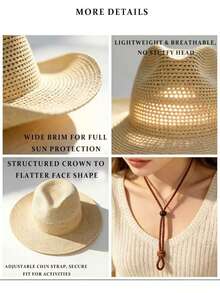 Women's Bohemian Straw Cowboy Hat, Wide Brim Woven Sun Hat, Adjustable Chin Strap Beach Hat, Suitable For Vacation, Resort, Festival And Daily Wear - Multicolor - View 4