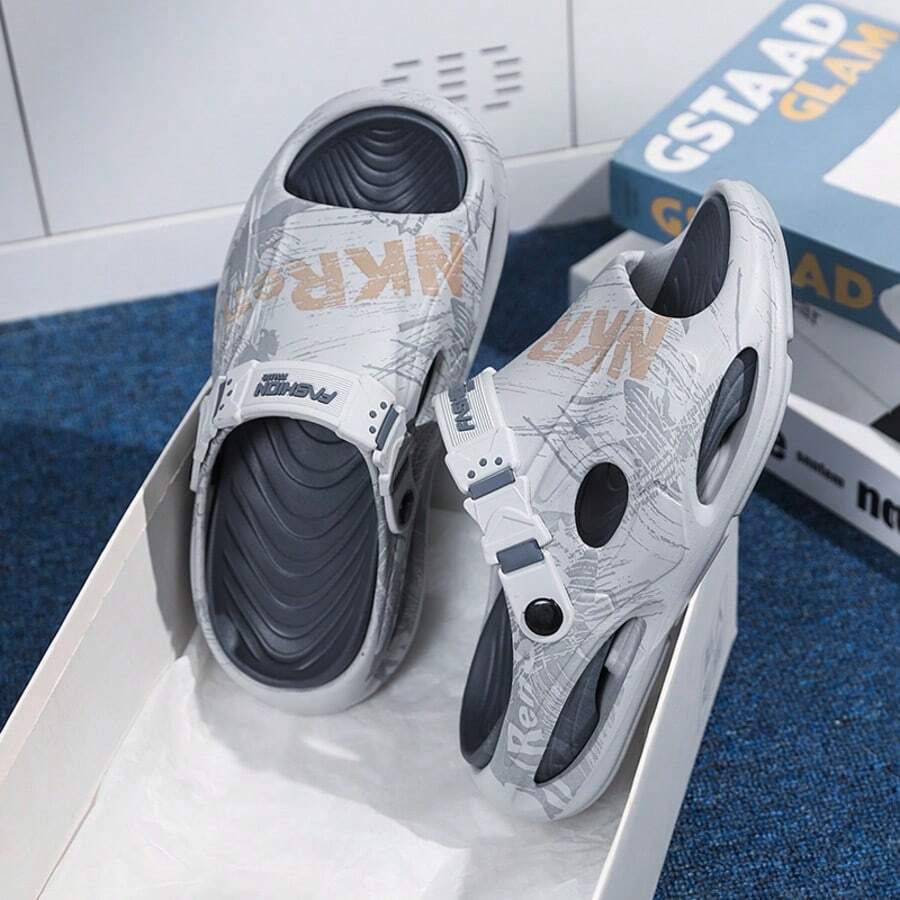 Men's New All-Season Retro Graffiti Print Hollow Breathable Cut-Out Design Casual Open-Toe Walking Sandals Suitable For Beach Sand City Daily Commute Gym Pool Adjustable Buckle Strap Slide Slippers - Light Grey - View 1